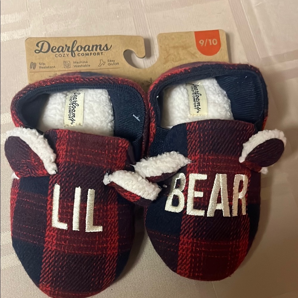 Size 9/10 Dearfoams Lil Bear Toddler Slippers Memory Foam Red Buffalo Plaid New